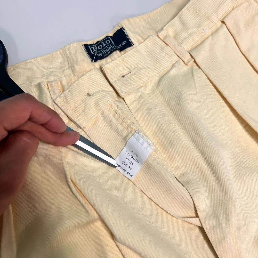 VTG 80s Polo Ralph Lauren Shorts Mens 33 Yellow Double Pleated Chino Made USA